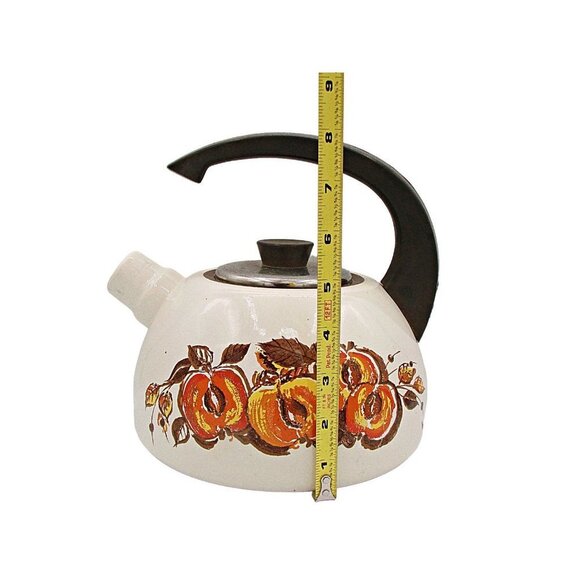1970 JMP Enamelware Tea Kettle Water Kettle MCM Fruit Design Orange Brown Yellow - Picture 11 of 12